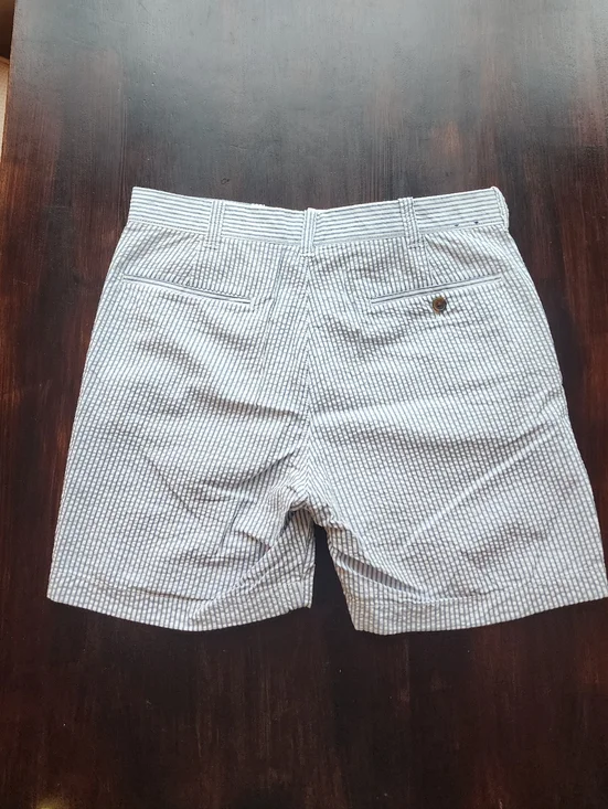 J. Crew Men’s Seersucker Flat Front Shorts - Blue/White Stripe - Picture 2 of 6